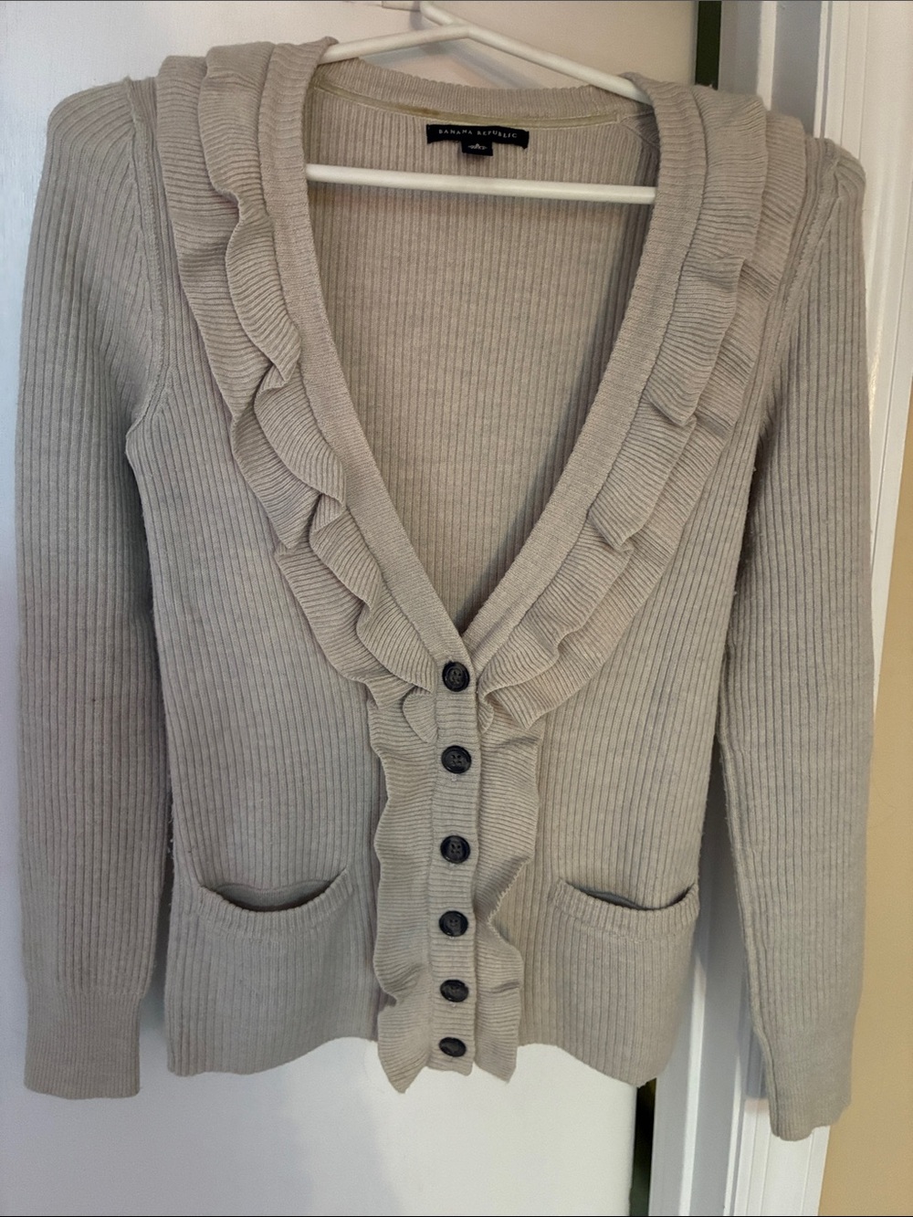 Banana Republic Light Taupe Ruffle-Trim Ribbed Button Cardigan